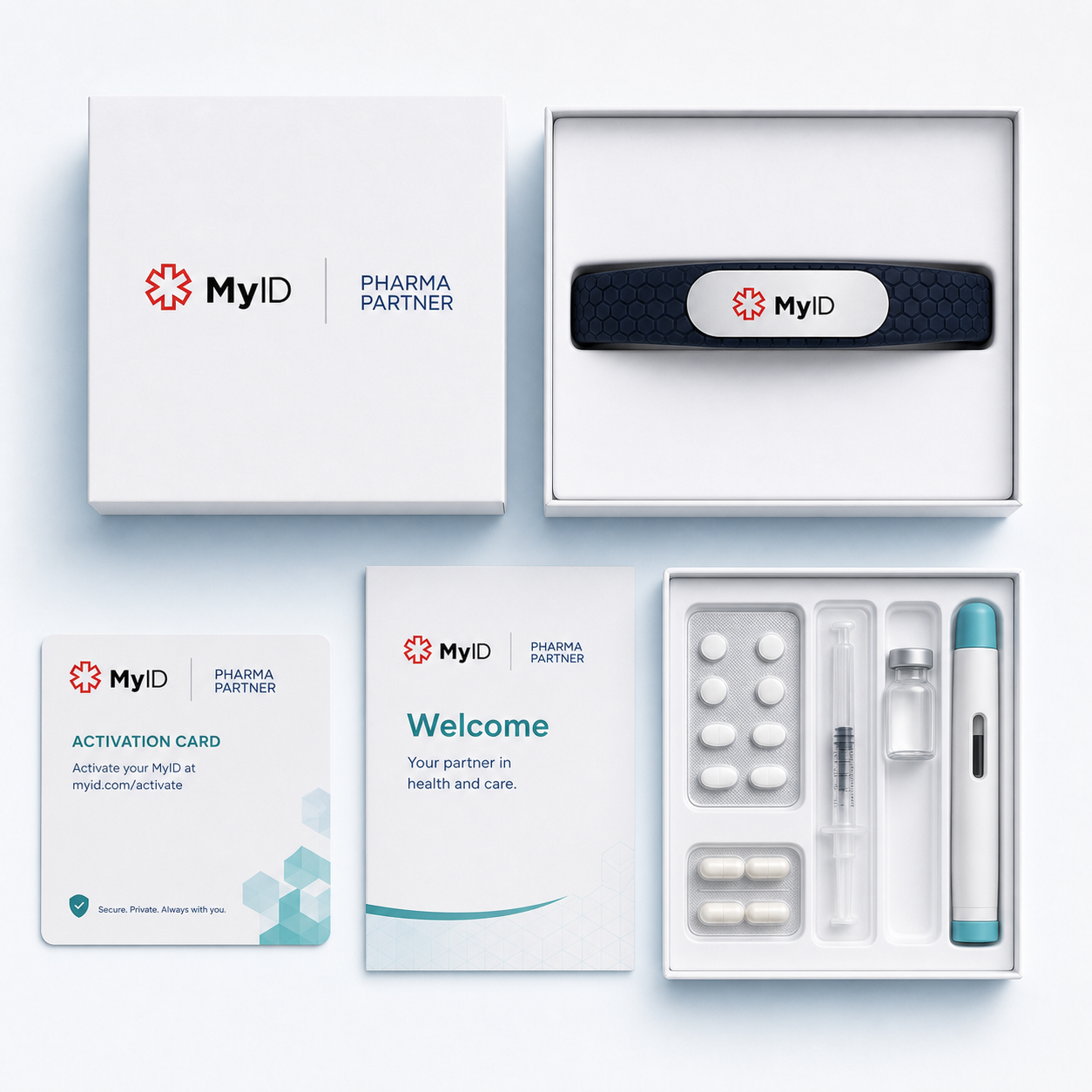 Illustrative co-branded MyID wearable program kit with activation materials and generic therapy formats