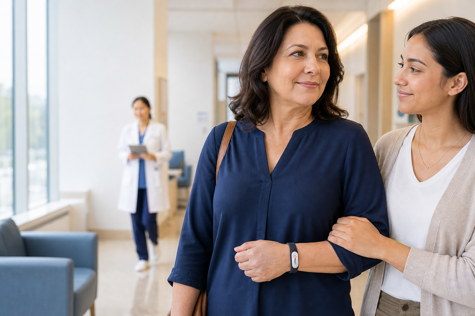 Patient wearing a MyID medical ID wearable after an outpatient appointment