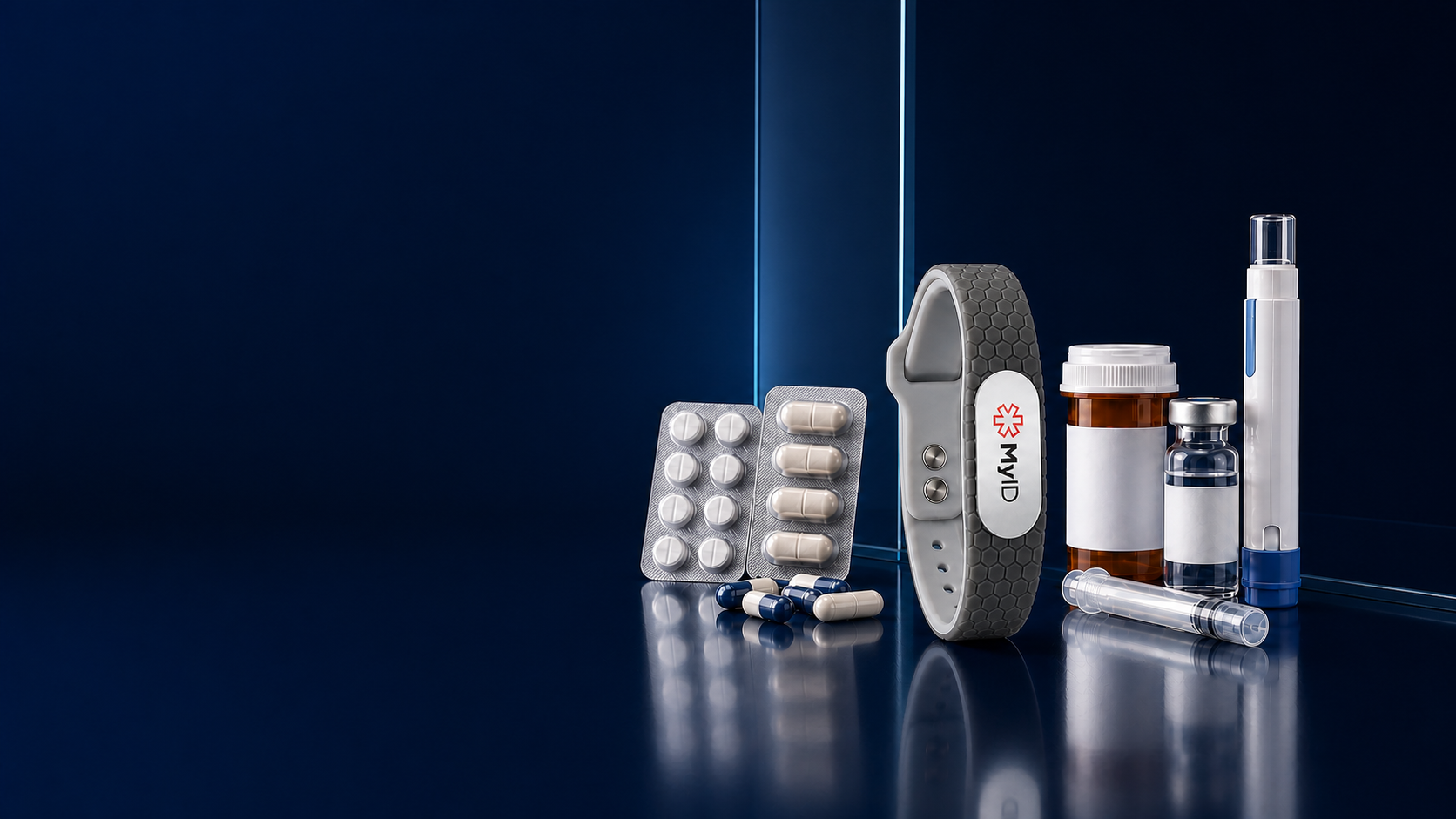 MyID medical ID wearable presented with generic oral and injectable therapy formats