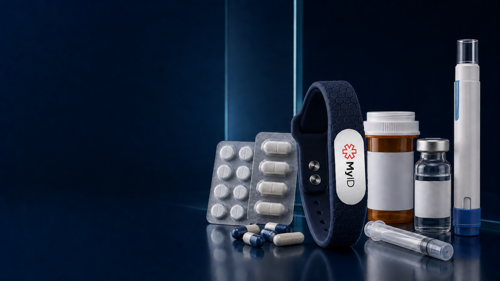 MyID medical ID wearable presented with generic oral and injectable therapy formats