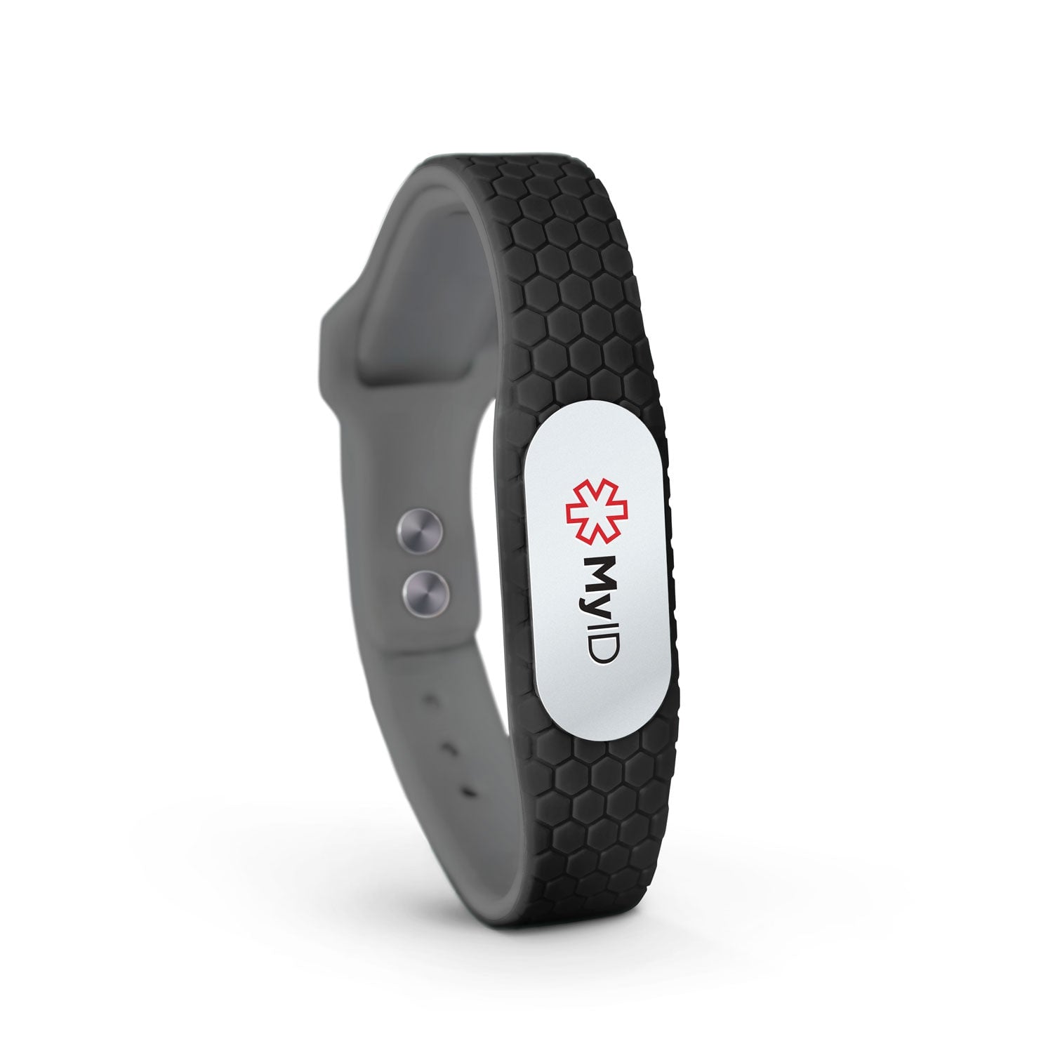 Black and silver MyID wearable showing its two-stud clasp and adjustment holes